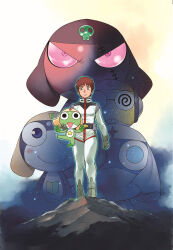  alien amuro_ray black_eyes boots brown_hair dororo_(keroro_gunsou) frog giroro glasses gloves gundam hat headphones highres keroro keroro_gunsou kururu_(keroro_gunsou) mask mouth_mask ninja_mask official_art short_hair spacesuit star_(symbol) tadpole tadpole_tail tail tamama v yoshizaki_mine 