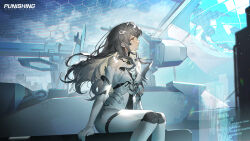  1girl absurdres bare_shoulders bodysuit brown_eyes character_request closed_mouth copyright_name elbow_gloves feet_out_of_frame gloves grey_hair hair_ornament hairclip highres long_hair looking_to_the_side official_art official_wallpaper punishing:_gray_raven sitting sleeveless sleeveless_bodysuit solo white_bodysuit white_gloves 