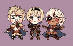  3boys armor black_armor black_hairband blonde_hair blue_hood boots chibi closed_mouth eyepatch fire_emblem fire_emblem_fates hairband heart heart_in_eye leo_(fire_emblem_fates) long_hair looking_at_viewer male_focus multiple_boys mystical_high_collar niles_(fire_emblem) odin_(fire_emblem) purple_background red_eyes short_hair shy_(ribboneels) simple_background smile star_(symbol) star_in_eye symbol_in_eye two-sided_capelet white_hair 