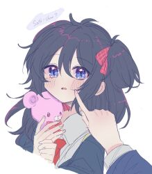  1girl blue_eyes blue_hair blush commentary english_text hair_between_eyes happy_sugar_life highres holding holding_stuffed_toy koube_shio looking_at_viewer marieux necktie open_mouth poking ribbon shirt side_ponytail simple_background solo stuffed_animal stuffed_toy surprised teddy_bear white_background white_shirt 