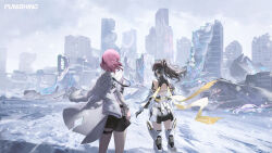  2girls absurdres bare_shoulders black_hair black_skirt boots building character_request coat coat_on_shoulders copyright_name day feet_out_of_frame from_behind highres long_hair long_sleeves miniskirt multiple_girls official_art official_wallpaper open_clothes open_coat outdoors pink_hair punishing:_gray_raven ruins short_hair skirt standing thigh_boots thigh_strap white_boots white_coat 