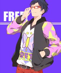  1boy adjusting_eyewear animal_print black_vest blue_background butterfly_print copyright_name cowboy_shot free! glasses hand_in_pocket light_smile looking_at_viewer pants print_shirt red-framed_eyewear red_pants ryuugazaki_rei shirt simple_background solo vest violet_eyes zaigo 