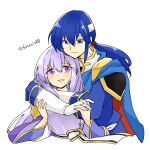  1boy 1girl blue_eyes blue_hair brother_and_sister cape circlet dress fire_emblem fire_emblem:_genealogy_of_the_holy_war headband holding_hands hug hug_from_behind julia_(fire_emblem) open_mouth ponytail purple_hair seliph_(fire_emblem) siblings simple_background smile violet_eyes white_headband yukia_(firstaid0) 