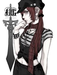  1girl aegyo_sal black_hat black_nails black_pants black_scrunchie black_vest bracelet closed_mouth commentary_request cross cross_necklace ear_piercing earrings grey_shirt hair_ornament hair_over_shoulder hair_scrunchie hat highres hoop_earrings jewelry long_hair low_twintails midriff mole mole_on_cheek mole_under_eye multiple_necklaces muted_colors nail_polish necklace newsboy_cap original pants piercing plaid_clothes plaid_scarf red_hair red_scarf scarf scrunchie shirt short_sleeves simple_background solo spiked_bracelet spiked_ear_piercing spikes striped_clothes striped_shirt sword text_background twintails vest weapon white_background y2k_fashion ystty0 