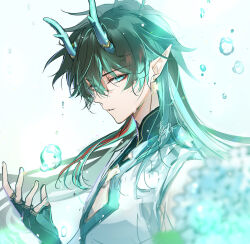  1boy alternate_form aqua_eyes aqua_hair black_gloves black_hair chinese_clothes cleavage_cutout clothing_cutout colored_inner_hair commentary_request cropped_torso dan_heng_(honkai:_star_rail) dan_heng_(imbibitor_lunae)_(honkai:_star_rail) dated dragon_boy dragon_horns earrings eyeshadow fingerless_gloves floating_hair gloves gold_earrings hair_between_eyes hand_up highres honkai:_star_rail honkai_(series) horns jewelry lips long_hair magic makeup male_focus matori_(penguin_batake) multicolored_hair pointy_ears red_eyeshadow red_hair shirt sidelocks signature simple_background single_bare_shoulder sleeveless sleeveless_shirt solo streaked_hair teeth upper_body very_long_hair water white_background white_shirt 