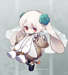  1girl animal_ears blonde_hair brown_dress chibi chibi_only commentary_request dress eyebrows_hidden_by_hair eyeliner full_body hair_ornament makeup orange_eyes original platform_sandals rabbit_ears red_eyeliner sandals sleeves_past_wrists socks solo touyama_maki twitter_username veil white_socks 