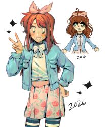  1girl 2016 2026 absurdres blue_jacket bow brown_hair choker commentary english_commentary floral_print goomyloid hair_bow hand_on_own_hip highres jacket original pantyhose pink_bow redrawn shirt skirt solo spiked_choker spikes striped_clothes striped_pantyhose v white_bow white_shirt white_skirt 
