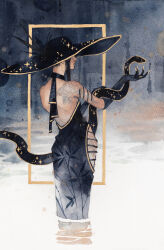  1girl black_dress black_gloves black_hat clothing_cutout dress elbow_gloves gloves hat highres hip_vent kelogsloops long_dress original painting_(medium) shoulder_tattoo snake solo strapless strapless_dress tattoo traditional_media upper_body watercolor_(medium) 