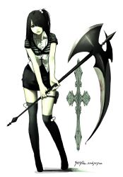  1girl absurdres asymmetrical_legwear black_eyes black_hair black_shrug black_skirt black_thighhighs closed_mouth dated full_body hair_over_one_eye highres holding holding_weapon mismatched_legwear mismatched_thighhighs one_side_up original shirt shrug_(clothing) simple_background skirt solo thigh-highs thigh_strap weapon white_background white_shirt ystty0 