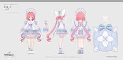  1girl absurdres animal_slippers asymmetrical_legwear back_bow bloomers bonnet bow character_name copyright_name copyright_notice double_bun dress ellie_(mongil:_star_dive) frilled_dress frills full_body grey_background hair_bun highres logo long_hair low_twintails mismatched_legwear mongil:_star_dive multiple_views official_art pink_dress pink_hair purple_socks reference_sheet short_dress single_loose_sock slippers socks turnaround twintails very_long_hair very_low_bun violet_eyes white_bloomers white_bonnet white_slippers 