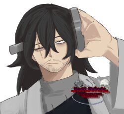  absurdres aizawa_shota bags_under_eyes beard_stubble black_hair boku_no_hero_academia closed_mouth cosplay dead_nobody double-parted_bangs facial_hair franken_stein_(soul_eater) franken_stein_(soul_eater)_(cosplay) highres lab_coat long_hair mustache mustache_stubble object_through_head one_eye_closed scar scar_on_face screw_in_head signature soul_eater sparse_stubble square stubble watermark white_background 
