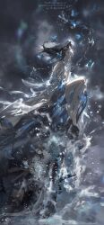  1girl absurdres aqua_eyes bare_shoulders barefoot black_hair blue_butterfly blue_dress bug butterfly dark_background dress floating_hair from_side guagua970179784 hair_intakes hand_up highres original solo water waving 