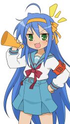  1girl :d absurdres ahoge belt blue_belt blue_hair blue_sailor_collar blue_skirt cosplay duang_(user_tsag8258) green_eyes hair_ribbon hairband hand_on_own_hip highres holding izumi_konata kita_high_school_uniform long_hair long_sleeves lucky_star mole mole_under_eye notice_lines open_mouth pleated_skirt red_ribbon ribbon sailor_collar school_uniform serafuku shirt simple_background skirt smile solo standing suzumiya_haruhi suzumiya_haruhi_(cosplay) suzumiya_haruhi_no_yuuutsu tongue white_background white_shirt winter_uniform yellow_hairband yellow_ribbon 
