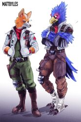  2boys angry animal_ears artist_name beak bird_boy bird_tail blue_feathers claws closed_mouth commentary crossed_arms english_commentary falco_lombardi feather_fingers feathers fox_ears fox_mccloud furry furry_male hands_in_pockets highres looking_at_another looking_at_foot looking_down male_focus mattbyles multiple_boys open_mouth star_fox tail white_background 