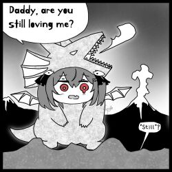  1girl alternate_costume animal_costume breath_weapon breathing_fire broken_heart broken_heart_hair_ornament chibi chibi_only commentary dragon_costume english_commentary english_text evil_neuro-sama fire flickap_zoffy full_body giant hair_between_eyes hair_ornament hair_ribbon heart heart_hair_ornament highres outdoors red_eyes ribbon signature skull_hair_ornament solo spot_color standing teardrop two_side_up vedal_ai volcano 