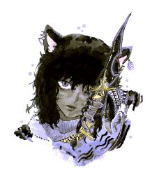 1other ambiguous_gender androgynous animal_ear_earrings animal_ears dagger final_fantasy final_fantasy_xiv highres holding holding_dagger holding_knife holding_weapon knife omnukij portrait solo violet_eyes weapon white_background 