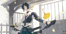  1boy absurdres armor asaba_harumasa black_choker black_hair black_necktie choker closed_mouth clothes_around_waist commentary falling_leaves headband highres holding holding_sword holding_weapon leaf looking_to_the_side male_focus necktie parted_bangs shirt short_hair shoulder_armor solo sword weapon white_shirt yellow_eyes yellow_headband zenless_zone_zero zeroartwo 