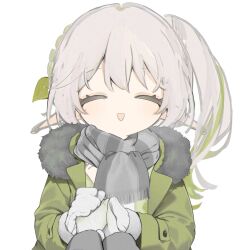  1girl ^_^ alternate_costume bad_id bad_twitter_id closed_eyes coat facing_viewer fur-trimmed_coat fur_trim genshin_impact gloves green_coat green_streaks grey_scarf hair_between_eyes hair_ornament highres holding_hands hood hood_down hooded_coat leaf_hair_ornament long_hair long_sleeves multicolored_hair nahida_(genshin_impact) open_mouth pointy_ears pov pov_hands scarf side_ponytail sidelocks simple_background smile solo streaked_hair toke_ino upper_body white_background white_gloves white_hair winter_clothes 