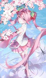  1girl absurdres ahoge bare_shoulders boots cherry_blossoms cherry_hair_ornament commentary detached_sleeves food-themed_hair_ornament from_behind hair_ornament hatsune_miku highres long_hair looking_at_viewer looking_back necktie nod2_u number_tattoo parted_lips pink_boots pink_eyes pink_hair pink_necktie pink_skirt pleated_skirt sakura_miku shirt shoulder_tattoo skirt solo tattoo thigh_boots umbrella very_long_hair vocaloid water white_shirt 