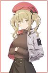  1girl absurdres beret blonde_hair blush bow brown_sweater english_commentary gilijim girls_frontline hair_between_eyes hair_bow hat highres jacket medium_hair open_clothes open_jacket red_headwear ribbed_sweater sidelocks skirt sten_mkii_(girls&#039;_frontline) sweater turtleneck turtleneck_sweater twintails white_background white_jacket yellow_eyes 