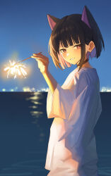  1girl absurdres animal_ears black_choker black_hair blue_archive blue_sky cat_ears cat_girl choker city_lights commentary_request cowboy_shot dot_nose fireworks from_behind highres holding holding_fireworks kazusa_(blue_archive) looking_at_viewer looking_back nishida_yuuto ocean red_eyes shirt short_hair sky smile t-shirt teeth water white_shirt wide_sleeves wispy_bangs 