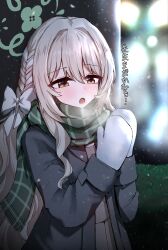  1girl absurdres black_coat blue_archive blush bow braid breath brown_eyes brown_hair brown_skirt bush coat commentary_request green_halo green_scarf hair_bow hair_ribbon halo highres long_hair long_sleeves mittens miyo_(blue_archive) multicolored_hair open_clothes open_coat open_mouth outdoors plaid_clothes plaid_scarf pueichigo ribbon ribbon_in_braid scarf skirt snowing solo upper_body wavy_hair white_bow white_mittens white_ribbon 