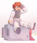  1girl absurdres blue_eyes ericht_samaya full_body gundam highres keychain looking_afar mobile_suit_gundam open_mouth pastel_colors redhead seamonsterping short_hair sitting smile solo spacesuit stuffed_toy suitcase teeth thick_eyebrows upper_teeth_only white_background 