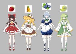  4girls a-pose alternate_costume apron back_bow blonde_hair blue_dress blue_eyes blue_shoes blueberry bow braid brown_hair brown_shoes brown_skirt brown_vest closed_mouth commentary_request detached_sleeves dress food food_print frilled_bow frilled_hair_tubes frilled_skirt frilled_socks frills frog_hair_ornament fruit fruit_print full_body gloves green_bow green_eyes green_hair green_shoes green_skirt grey_background grey_hair hair_bow hair_ornament hair_tubes hakurei_reimu hat hat_bow highres izayoi_sakuya kirisame_marisa kneehighs kochiya_sanae leaf leaf_hair_ornament long_hair long_sleeves looking_at_viewer maid maid_headdress mary_janes melon multiple_girls petticoat photo_inset pineapple puffy_dress puffy_short_sleeves puffy_sleeves red_bow red_eyes red_shoes red_skirt red_vest reference_inset sarukana shirt shoes short_sleeves side_braid simple_background single_braid single_hair_tube skirt sleeves_past_fingers sleeves_past_wrists smile snake_hair_ornament socks strawberry strawberry_print touhou twin_braids unconventional_maid very_long_hair vest waist_apron white_apron white_bow white_gloves white_shirt white_socks wide_sleeves witch_hat yellow_eyes 