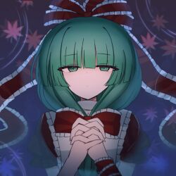  1girl blunt_bangs bow closed_mouth commentary_request dot_nose dress frilled_bow frilled_ribbon frills from_above front_ponytail green_eyes green_hair hair_bow hair_ribbon half-closed_eyes interlocked_fingers kagiyama_hina leaf long_hair looking_at_viewer looking_up maple_leaf modokith one-hour_drawing_challenge own_hands_clasped own_hands_together partially_submerged puffy_short_sleeves puffy_sleeves red_bow red_dress red_ribbon ribbon ripples short_sleeves solo straight-on touhou water wrist_ribbon 