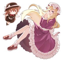  2girls :> back_bow black_capelet black_hat black_skirt blonde_hair blush_stickers bow bowtie brown_eyes brown_hair brown_shoes capelet character_doll chinese_commentary closed_mouth commentary doll dress frilled_dress frills fumo_(doll) hair_between_eyes hair_bow hat hat_bow long_hair long_sleeves looking_at_viewer maribel_hearn medium_hair mob_cap multiple_girls nymphus open_mouth outstretched_arms own_hands_together purple_dress red_bow red_bowtie red_shoes ribbon-trimmed_capelet ribbon_trim sash shirt shoes skirt sleeve_cuffs socks spread_arms touhou usami_renko very_long_hair violet_eyes white_background white_bow white_hat white_sash white_shirt white_socks 