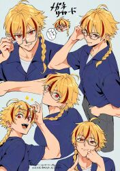  1boy arm_up bespectacled blonde_hair blue_shirt braid commentary_request cropped_legs fate/strange_fake fate_(series) glasses grey_background grey_pants hair_between_eyes hand_in_pocket head_rest highres lapels looking_to_the_side male_focus multicolored_hair multiple_views official_alternate_costume open_mouth pants parted_lips red_eyes red_hair richard_i_(fate) richard_i_(spectacle_style)_(fate) rimuro shirt shirt_tucked_in sideways_glance sparkle speech_bubble streaked_hair teeth tongue translation_request upper_teeth_only white_shirt 