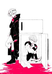  2boys absurdres ambiguous_red_liquid black_boots black_coat black_shorts boots coat dual_persona finger_to_mouth from_side full_body gloves grin hand_up highres holding holding_knife hugging_own_legs in_container in_refrigerator index_finger_raised knees_to_chest knife leaning_on_object leg_up legwear_garter limited_palette looking_at_viewer male_focus mask mask_on_head mismatched_sclera multiple_boys official_alternate_costume pants red_gloves refrigerator reverse:1999 senkichi_(sen_kchi) shoes short_hair shorts sitting smile socks standing white_background x_(breathing_in_silence)_(reverse:1999) x_(reverse:1999) 
