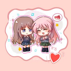  2girls ? absurdres bag bang_dream! bang_dream!_it's_mygo!!!!! blue_shirt blue_skirt blue_socks blush brown_hair cake cake_slice chihaya_anon chinese_commentary closed_mouth commentary_request fang food green_necktie green_skirt grey_eyes grey_jacket grey_neckerchief haneoka_school_uniform heart highres jacket long_hair long_sleeves multiple_girls nagasaki_soyo neckerchief necktie open_mouth outline pink_hair plaid_clothes plaid_skirt pleated_skirt school_uniform shirt shoes shoulder_bag sidelocks skirt socks sokat tsukinomori_school_uniform white_outline 