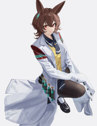  1girl absurdres agnes_tachyon_(tach-nology)_(umamusume) agnes_tachyon_(umamusume) ahoge animal_ears black_necktie black_pantyhose black_shoes brown_hair chemical_structure closed_mouth coat cork earrings hair_between_eyes highres horse_ears horse_girl jewelry lab_coat long_sleeves mo_awanai necktie pantyhose red_eyes shirt shoes short_necktie simple_background single_earring sleeves_past_fingers sleeves_past_wrists smile solo sweater sweater_vest test_tube umamusume white_coat wolf_cut yellow_sweater yellow_sweater_vest 