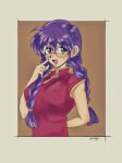  1girl amayu_(amaamailust) arm_behind_back blush border braid brown_eyes china_dress chinese_clothes cropped_torso dress freckles glasses hand_on_own_face highres long_hair looking_at_viewer open_mouth purple_hair red_dress ri_kouran rimless_eyewear round_eyewear sakura_taisen sleeveless solo twin_braids upper_body 