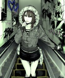  1girl absurdres bag black_skirt brown_hair candy denim denim_skirt escalator food food_in_mouth fur-trimmed_hood fur_trim graffiti grey_jacket highres hood hood_up jacket lollipop lollipop_in_mouth looking_at_viewer medium_hair original skirt solo white_bag ystty0 