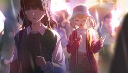  6+girls :o azusawa_kohane bag blonde_hair blurry blurry_background brown_bag brown_hair brown_skirt cardigan clenched_hand closed_eyes collared_shirt colorful_palette depth_of_field facing_viewer game_asset green_sweater hand_on_own_chest hat highres into_the_new_light_(project_sekai) low_twintails medium_hair multiple_girls official_art open_cardigan open_clothes open_mouth outdoors pink_cardigan project_sekai shirt shoulder_bag singing skirt standing sweater third-party_source twintails u_u white_hat white_shirt 