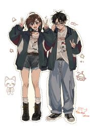  1boy 1girl :d ayase_momo belt black_boots black_choker black_eyes black_hair black_shoes blue_pants blue_shorts blush boots brown_eyes brown_hair choker dandadan earrings glasses highres jacket jewelry looking_at_viewer medium_hair nandemo_unknown pants parted_lips shirt shoes short_hair shorts simple_background smile socks takakura_ken_(dandadan) turbo_granny_(dandadan) v white_background white_shirt white_socks 