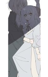  2girls absurdres black_dress blonde_hair blue_dress blue_hair blush bob_cut commentary dress emma_grace_rosenthal highres ingoagame inverted_bob jougasaki_suzuran long_hair long_sleeves multiple_girls open_mouth stuck sweatdrop tayutau_koi_no_chirigiwa_ni untranslatable_commentary yellow_eyes yuri 