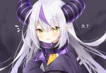  1girl ahoge ascot black_horns braid braided_bangs collar grey_hair hololive horns la+_darknesss la+_darknesss_(1st_costume) long_hair looking_at_viewer metal_collar mocha_(naturefour) multicolored_hair pointy_ears purple_hair sleeves_past_fingers sleeves_past_wrists slit_pupils solo streaked_hair striped_horns tongue tongue_out virtual_youtuber yellow_ascot 