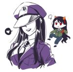  2girls black_hair black_necktie blue_pants blush breasts chibi green_jacket hair_ornament hat heart horns jacket light_blush lightning_bolt_symbol lipstick long_hair makeup medium_breasts military_hat military_uniform multiple_girls necktie nippaku_zanmu oni oni_horns pants police police_uniform purple_jacket re_ghotion red_eyes shirt smile smirk spoken_heart straight_hair suit touhou unfinished_dream_of_all_living_ghost uniform white_background yellow_horns yomotsu_hisami 