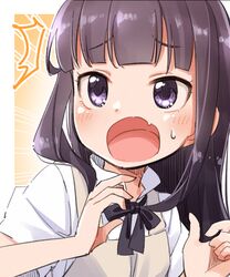  1girl ^^^ apron black_bow black_hair blush bow brown_apron collared_shirt emphasis_lines fang hands_up highres long_hair looking_at_viewer open_mouth shirt short_sleeves solo sweat upper_body violet_eyes white_shirt working!! yamada_aoi yukie_(kusaka_shi) 