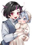  2boys :d ahoge black_hair black_nails blue_eyes blush bonnet brown_pants carrying child_carry dress fang frilled_bonnet grey_hair hair_between_eyes hair_horns high_collar holding_finger lilia_vanrouge long_sleeves looking_at_another looking_at_viewer male_focus multicolored_eyes multicolored_hair multiple_boys open_mouth pants pink_eyes pink_hair saliva shirt short_hair silver_(twisted_wonderland) simple_background slit_pupils smile streaked_hair tobidayooon twisted_wonderland upper_body violet_eyes white_background white_dress white_headwear white_shirt 