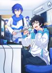  2boys absurdres air_conditioner black_hair blue_eyes blue_hair blue_scarf chair clock computer crossed_legs curtains drink food gaming_chair hair_between_eyes headphones headphones_around_neck highres holding holding_food holding_guitar holding_ice_cream hood hoodie ice_cream instrument interior itogari kaito_(vocaloid) kaito_(vocaloid3) looking_at_another male_focus master_(vocaloid) multiple_boys music nail_polish one_eye_closed open_mouth pants playing_instrument poster_(object) scarf shirt short_hair sitting smile standing swivel_chair vocaloid wall_clock white_shirt window wire 