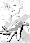  1boy deruha_(this_communication) foreshortening from_below greyscale half-closed_eyes high_collar highres huge_eyebrows male_focus monochrome outstretched_hand pectorals reaching reaching_towards_viewer short_hair smile solo spiky_hair this_communication umedairuka upper_body 