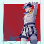  1boy adjusting_eyewear axe deruha_(this_communication) feet_out_of_frame from_side goggles highres holding holding_axe looking_down male_focus pectorals pink_hair reirou_(re16ko89) short_hair solo spiky_hair thick_eyebrows this_communication two-tone_background unfinished 