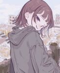  1girl absurdres black_eyes black_jacket blush brown_hair building commentary_request hair_ornament hairclip highres hood hood_down hooded_jacket jacket looking_at_viewer looking_back multicolored_hair original outdoors parted_lips short_hair sky solo stairs yunoki_itsugu 
