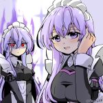  2girls apron aura circlet corruption dark_aura dark_persona dual_persona fire_emblem fire_emblem:_genealogy_of_the_holy_war hand_in_own_hair julia_(fire_emblem) julia_(heart_usurped)_(fire_emblem) long_hair looking_at_viewer maid maid_apron mind_control multiple_girls open_mouth purple_hair red_eyes simple_background violet_eyes yukia_(firstaid0) 