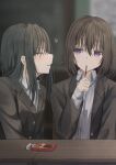  2girls black_hair black_jacket blurry blurry_background breasts closed_mouth collared_shirt desk food food_in_mouth hair_between_eyes highres holding holding_food holding_pocky jacket long_hair looking_at_another medium_hair multiple_girls original pocky pocky_in_mouth school_desk school_uniform shirt sitting small_breasts smile uniform violet_eyes white_shirt yuri 