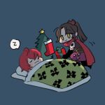  1boy 1girl :3 black_gloves blue_background brown_hair christmas christmas_stocking christmas_tree commentary english_commentary fate/grand_order fate_(series) futon fuuma_kotarou_(fate) gift gloves hair_over_one_eye holding holding_gift katou_danzou_(fate) long_hair looking_at_another lying mother_and_son no_nose on_back on_one_knee oneroom-disco pillow ponytail red_scarf redhead scarf short_hair shuriken_print simple_background sleeping smile spoken_zzz yellow_eyes zzz 